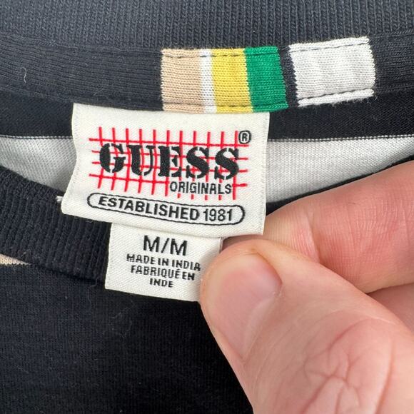 Guess Retro Striped Embroidered T-Shirt Men's Size Medium Black/Yellow/Green - Picture 8 of 14